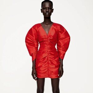 ZARA Draped Ruched V-Neck Mini Dress Gathered Puff Sleeve in Red Women's XS